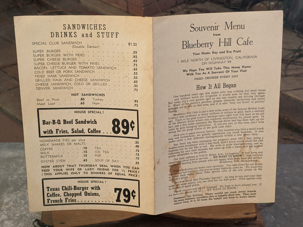 1950's Blueberry Hill Cafe Restaurant Livingston California Menu Ray ...