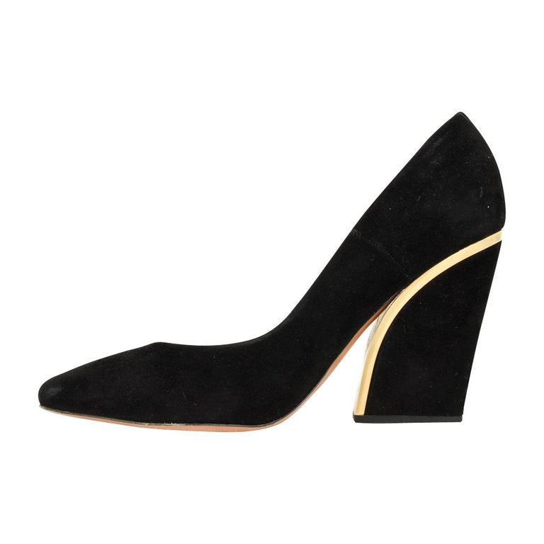 gold court shoes block heel