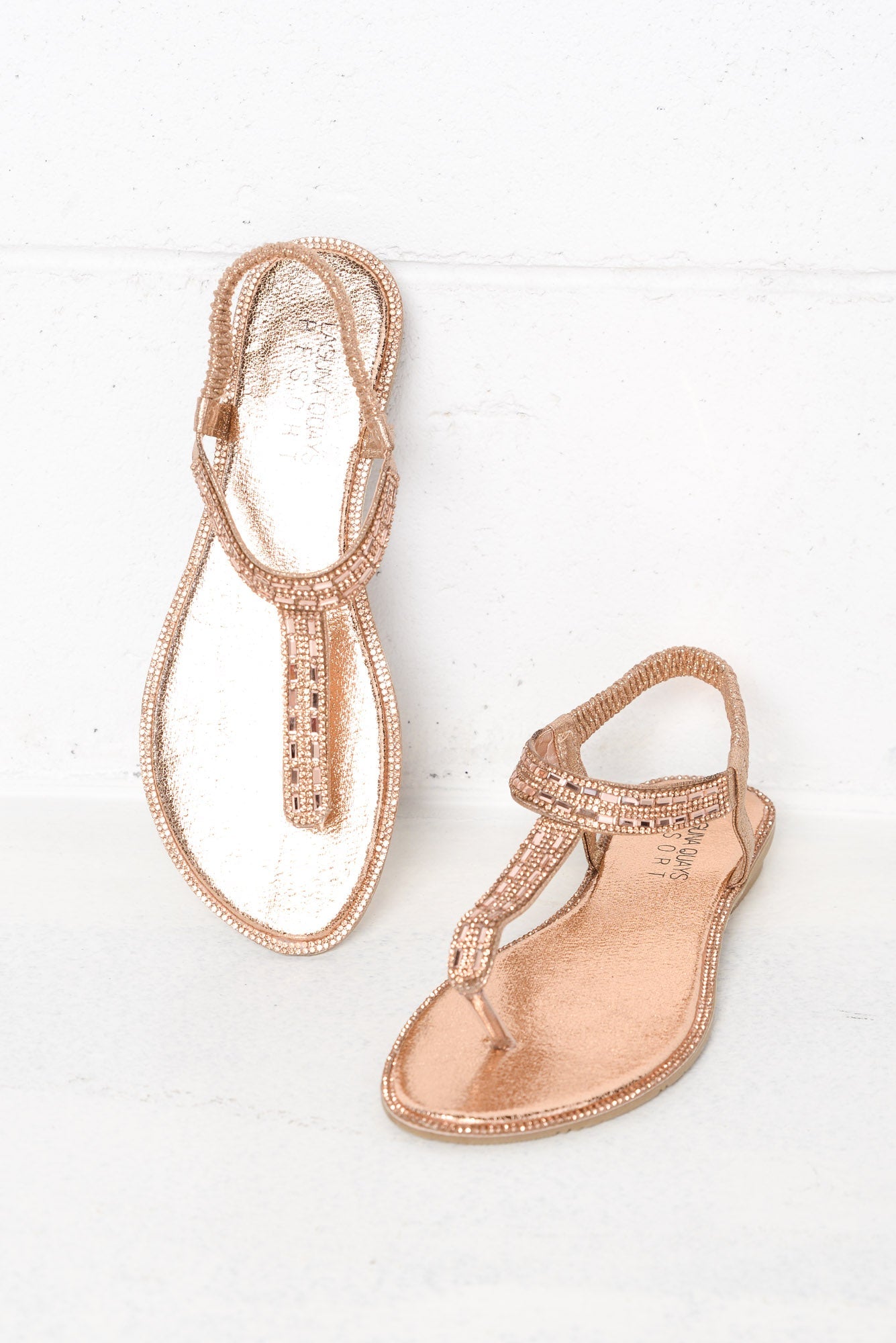 rose gold diamante flip flops