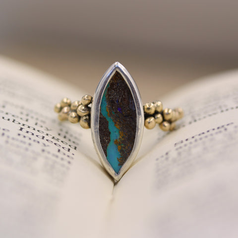 Handmade Australian Boulder opal ring with 9ct gold granulation 