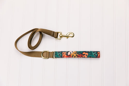 Neutral Monstera Leaves Matching Dog Leash