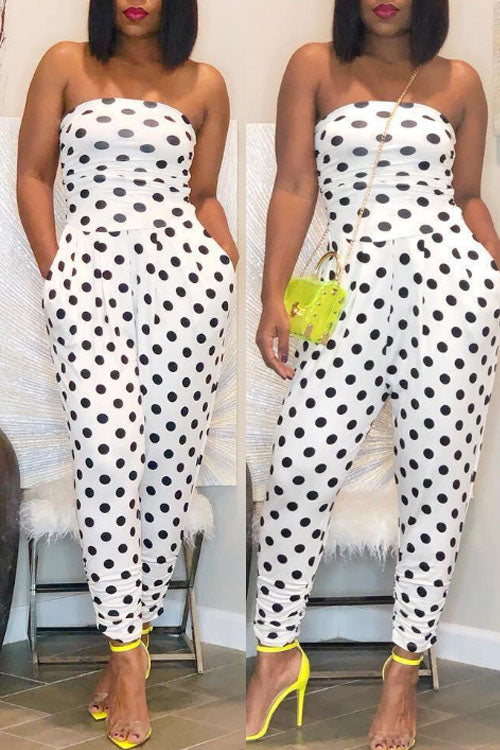 strapless polka dot jumpsuit