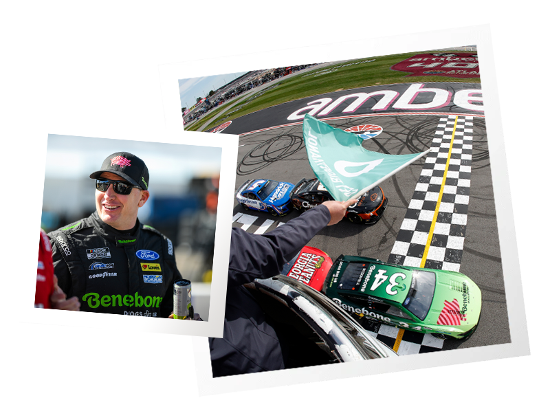 A photo collage of Michael McDowell, driver of the No. 34 Benebone Ford, wearing a black firesuit branded with the Benebone logo as well as a black Benebone hat embossed with a pink pig, and the No. 34 Benebone Ford Mustang crossing the finish line at the end of Stage 1 during the NASCAR race at Atlanta Motor Speedway in February 2024