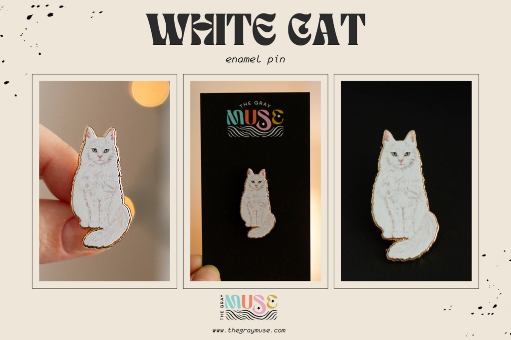 white cat enamel pin by the gray muse
