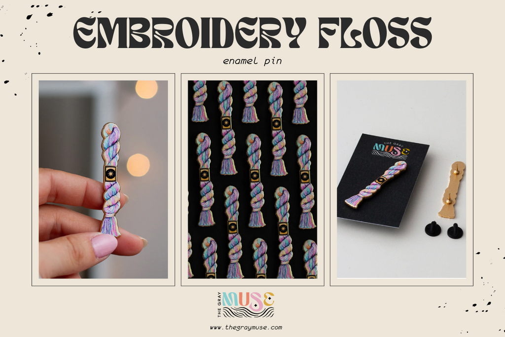 embroidery floss enamel pin by the gray muse