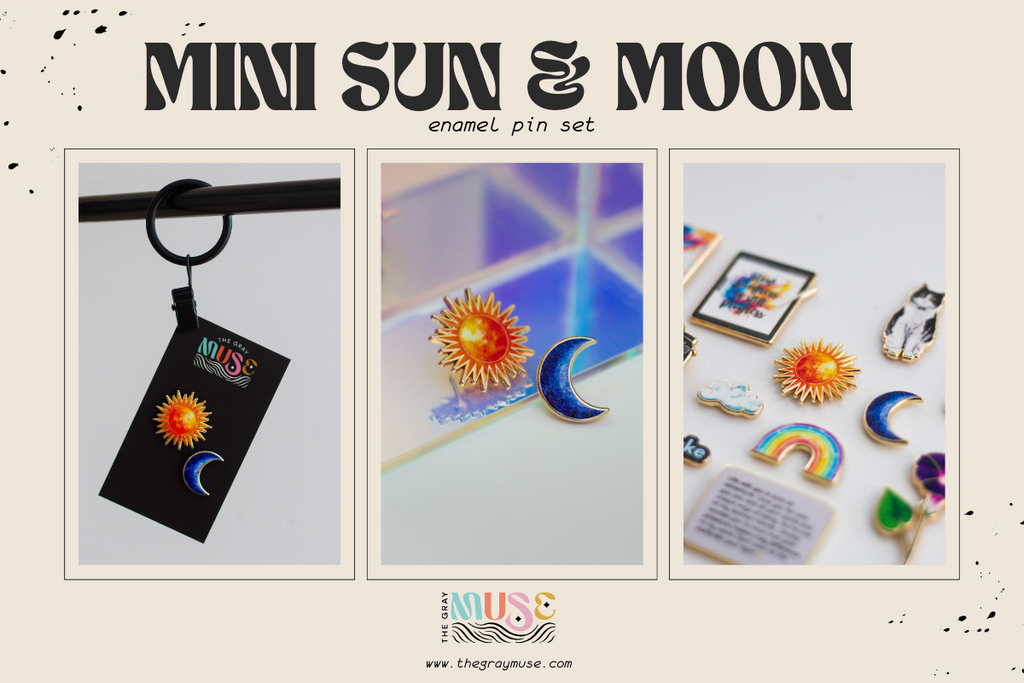 mini sun and moon watercolor enamel pin set