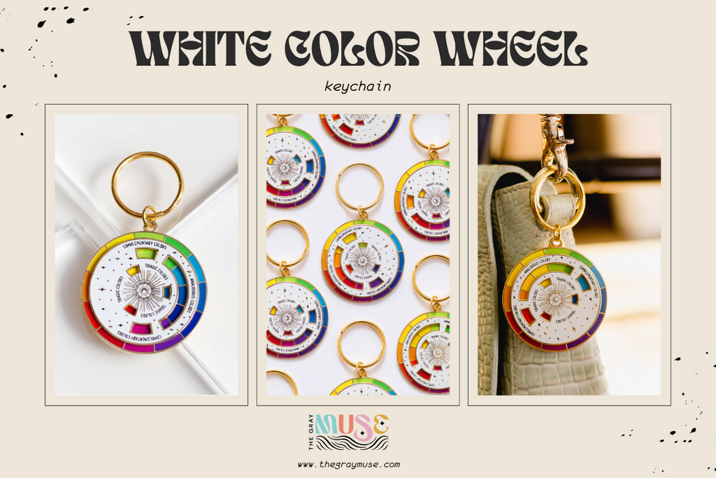the gray muse color wheel white and gold keychain