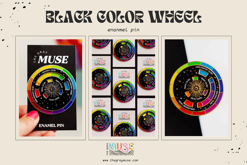 the gray muse color wheel black and gold enamel pin