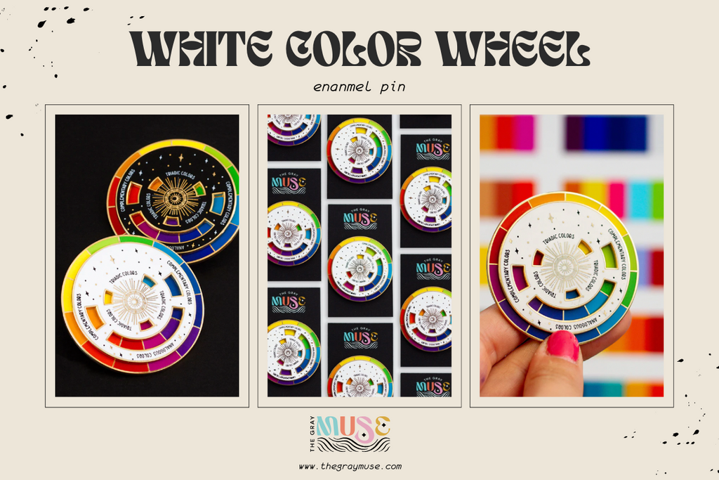 the gray muse color wheel white and gold enamel pin