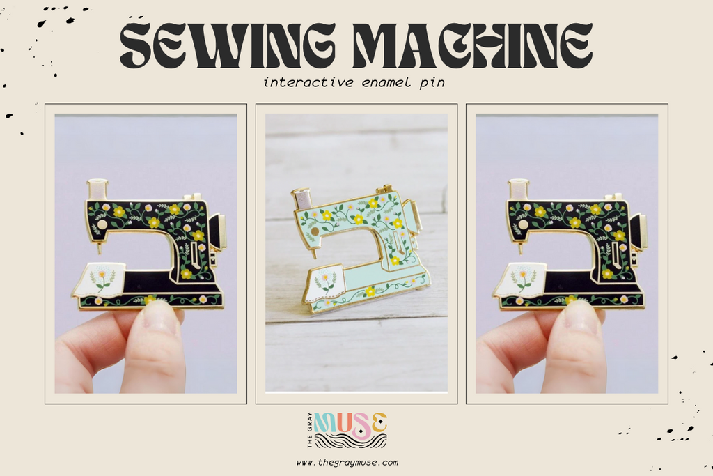 sewing machine interactive enamel pin by the gray muse