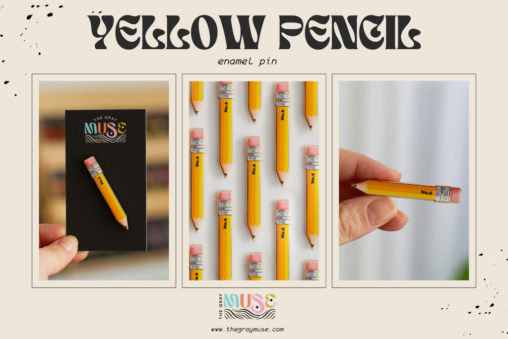 yellow pencil enamel pin by the gray muse