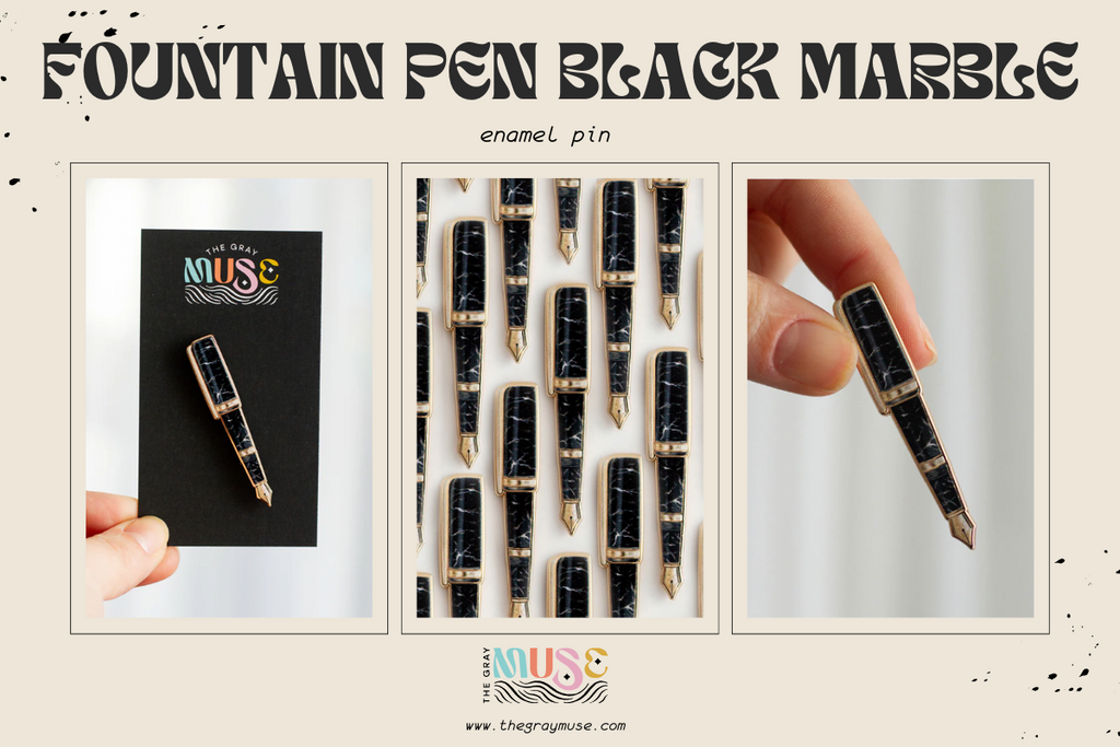 black fountain pen enamel pin by the gray muse