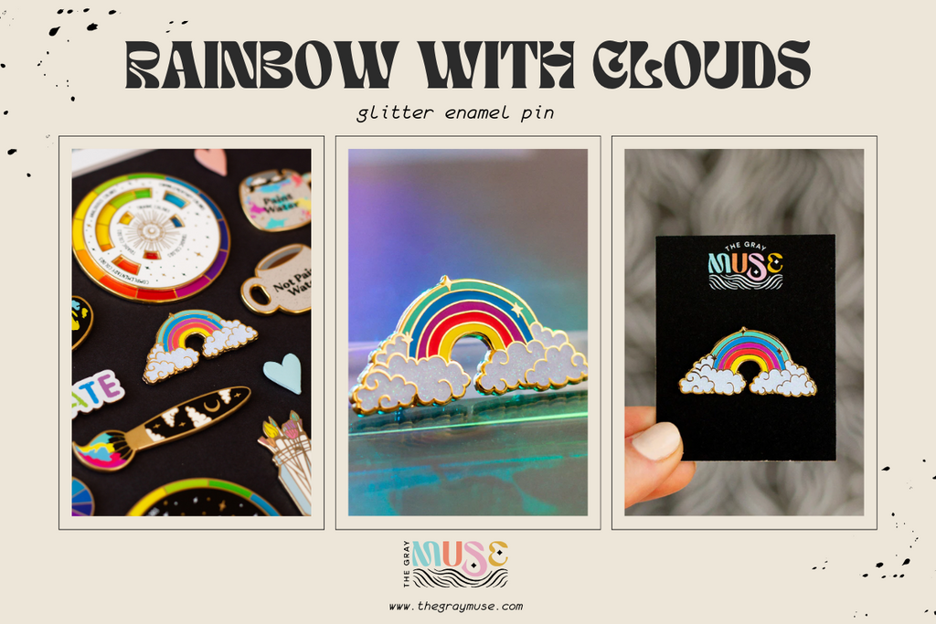 Rainbow with Clouds Glitter Enamel Pin by the gray muse