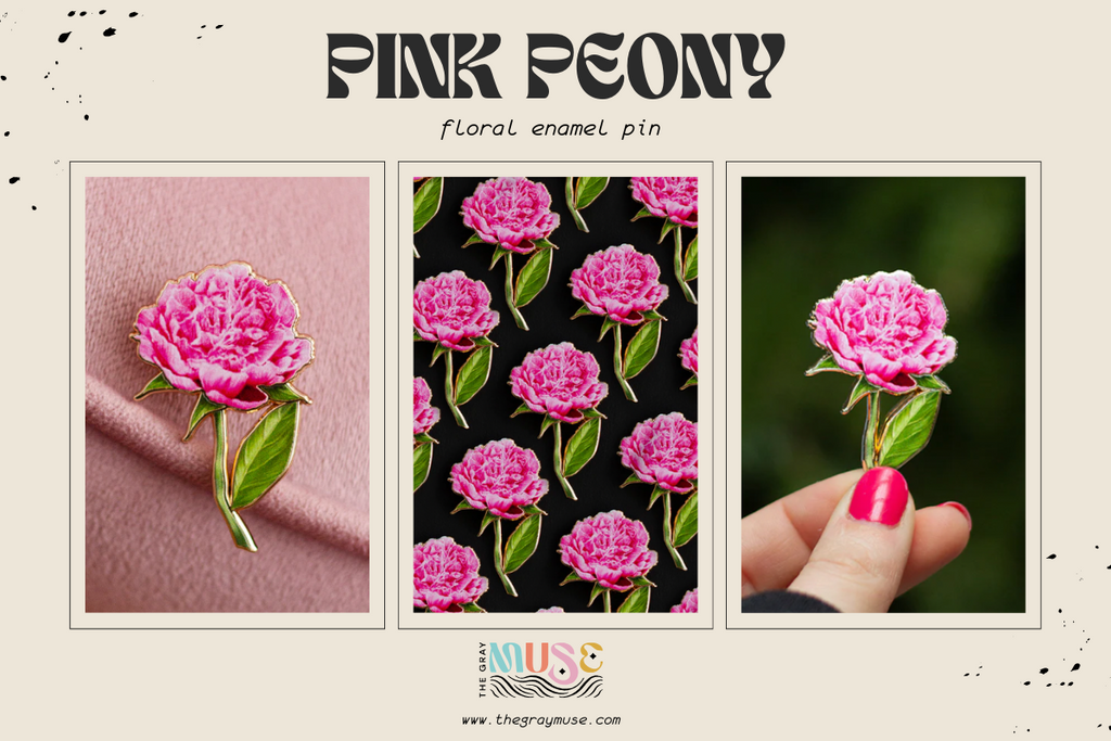 pink peony floral enamel pin by the gray muse