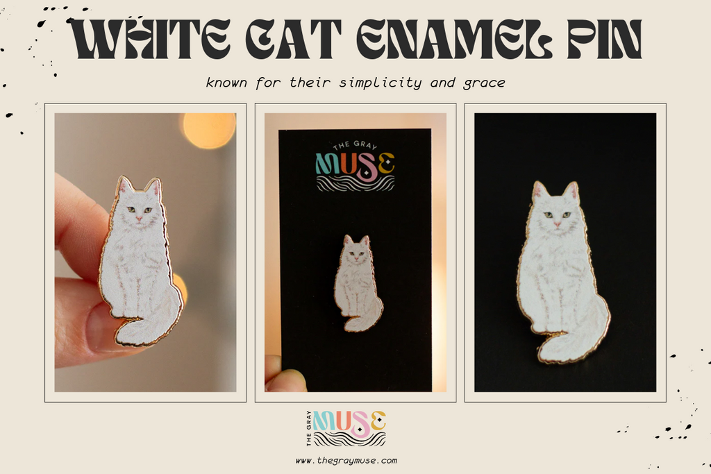 white cat enamel pin by the gray muse
