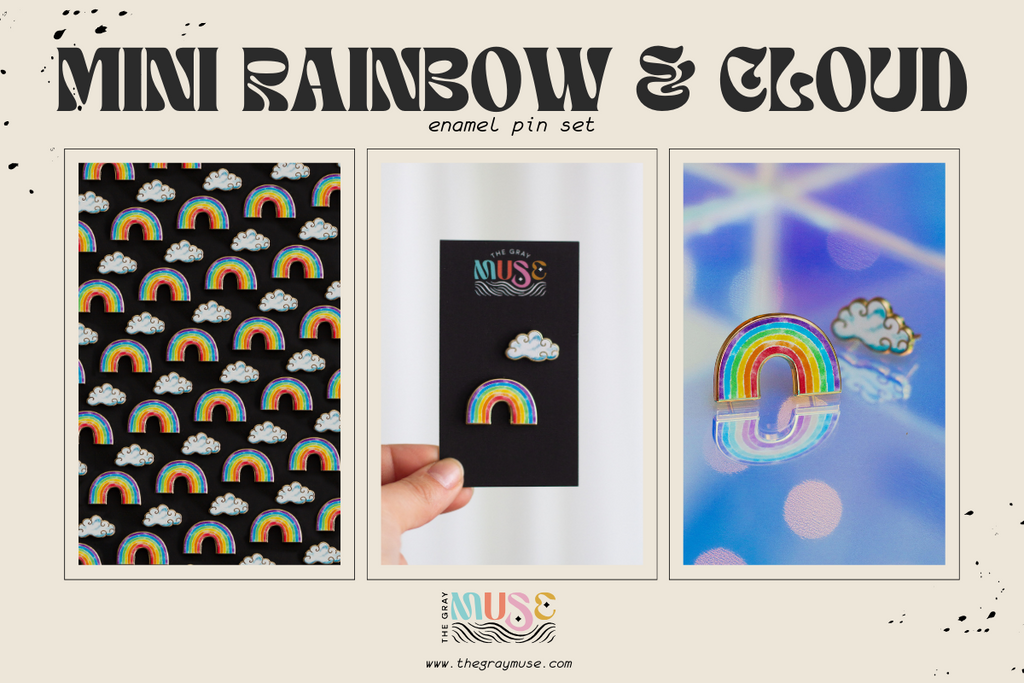 The Gray muse - Mini Watercolor Rainbow & Cloud Enamel Pin Set