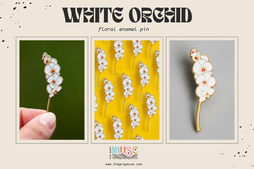 white orchid floral enamel pin by the gray muse