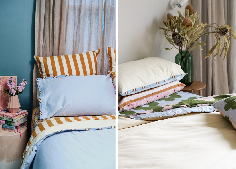 Mosey Me Everyday quilt cover set in Vanilla Sky, with blue and yellow sides displayed