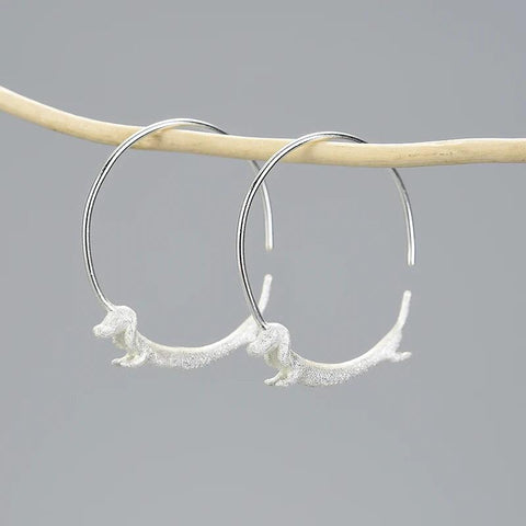 925 Sterling Silver LFJC0012: Hoop Earrings with Flying Dachshund Dog Charm Jewelry