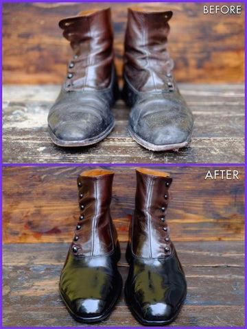 A close-up shot of a pair of beautiful brown leather boots, one shiny and polished, the other matte and clean but unconditioned