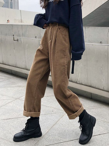 Elastic_Waist_Corduroy_Casual_Pants_Trousers Dark_Academia_style_work_outfit Black Shoes Brown Pants Touchy Style
