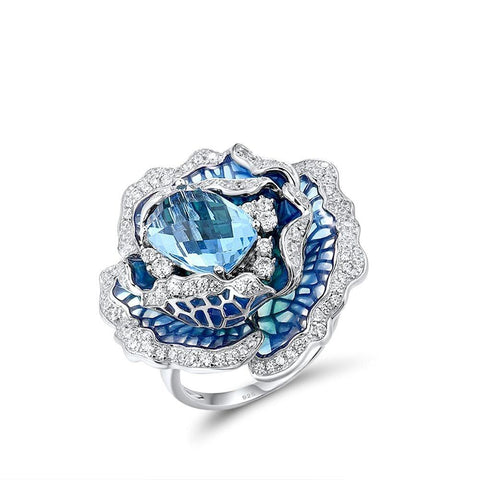 Blue Blooming Flower Ring Charm Jewelry - 925 Sterling Silver (GZ158)