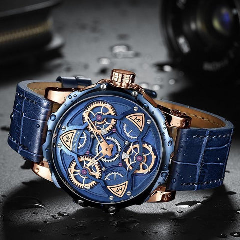 Men's Watches Top Luxury Sport style Design Quartz Watch Men Blue Leather Strap 30M Waterproof