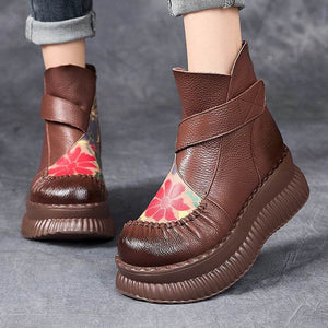 Handmade Ankle Boots Platform Women Genuine Cow Leather Short Boots Round Toe Height Increasing Thick Sole Ladies Shoes - Touchy Style