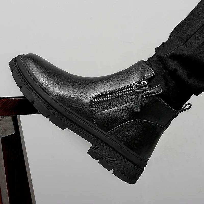 Classic Side Zipper Mens Leather Boots Autumn Winter Male Ankle Boots Comfy Non-Slip Motorcycle Boots Warm Winter Shoes for Men