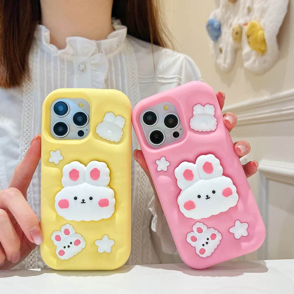 Cute Phone Cases - 3D Rabbit Folding Silicone Stand Cover for iPhone 15/14/13/12/11 Pro Max - TSP286