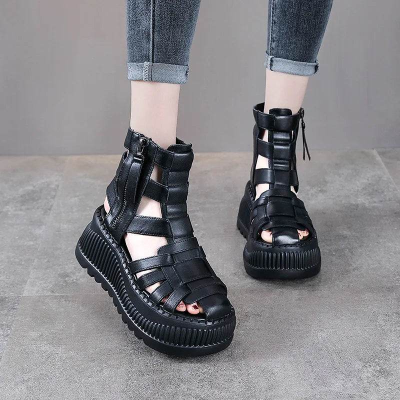 Women's Casual Shoes - Weave Genuine Leather Hollow Ankle Booties - Chunky Heels - CB5530