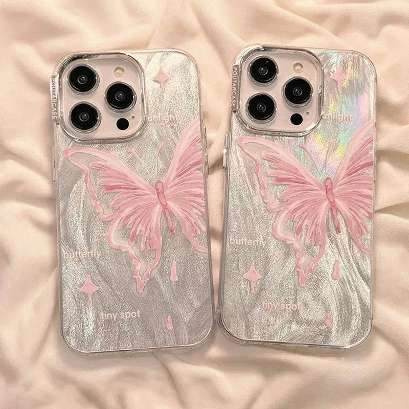 Luxury Pink Butterfly Glitter Laser Phone Case For iPhone 16 Pro Max 15 14 13 12 11 Plus Shockproof Lens protection Cover