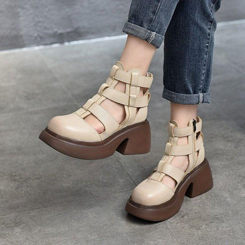 Women's Casual Shoes - Leather Gladiator Sandals, Thick Boots (FC119)