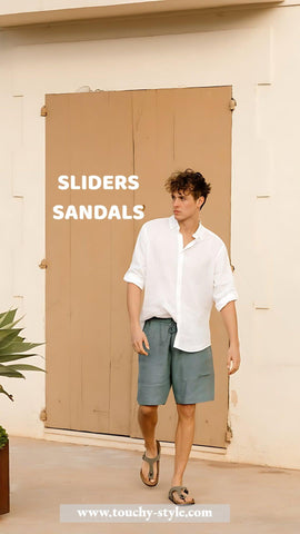 A man wearing sliders with shorts and a t-shirt - Touchy Style