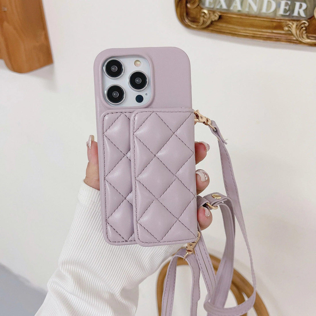 Luxury Leather Phone Case with Wallet and Shoulder Strap for iPhone 14, 14 Pro  Max, 13, 12 Mini, 11 Pro, XS, XR, 7, 8 Plus - Laser Dotted Pocket Cover