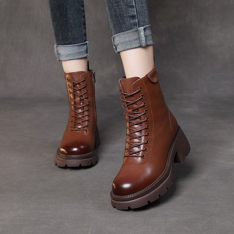 Lace-Up Heeled Women's Casual Shoes - Brown Genuine Leather Ankle Boots-  GCSFR2343