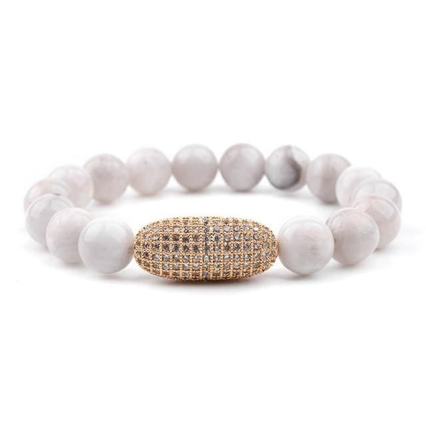 Natural Marble Bead Stretchy Bracelet w/Cubic Zirconia & Rose Gold Tone  Charm