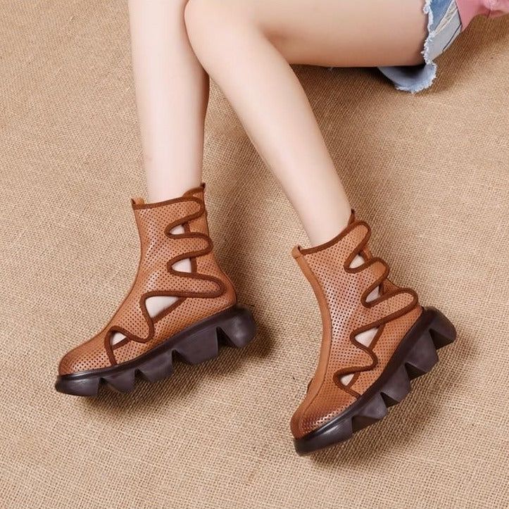 Casual Shoes For Women Ankle Boots Handmade Genuine Leather Hollow out Sandals Wedge Soft Bottom Boots - Touchy Style.