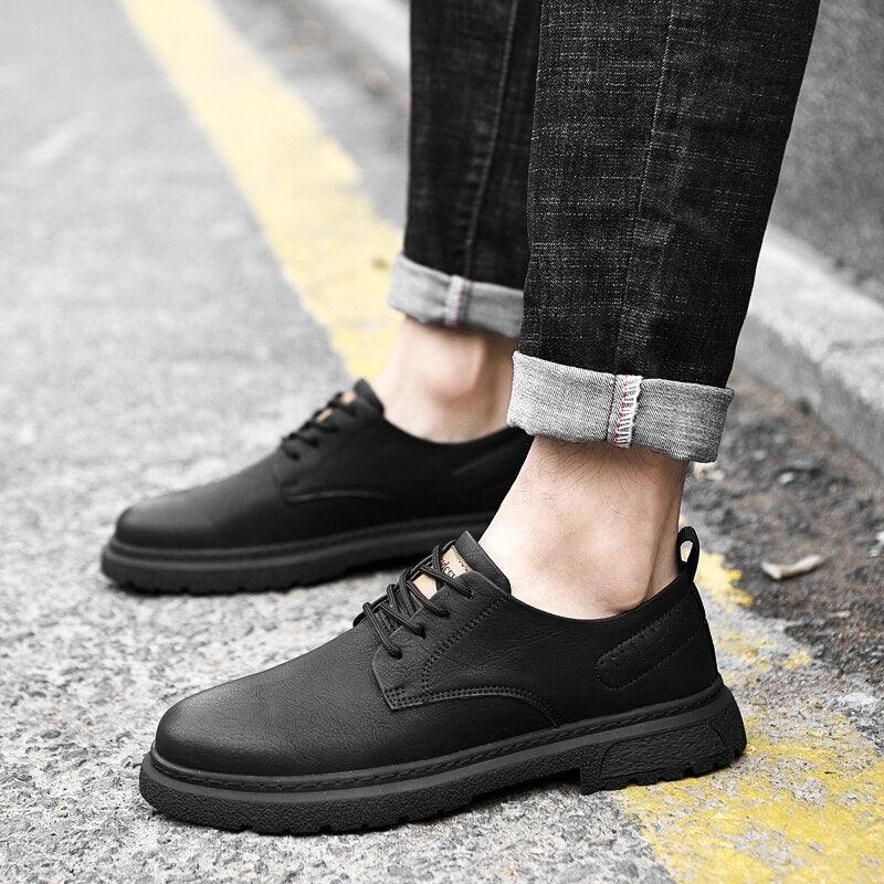 Flangesio Fashion Classic Black Men Leather Sneakers Casual Soft