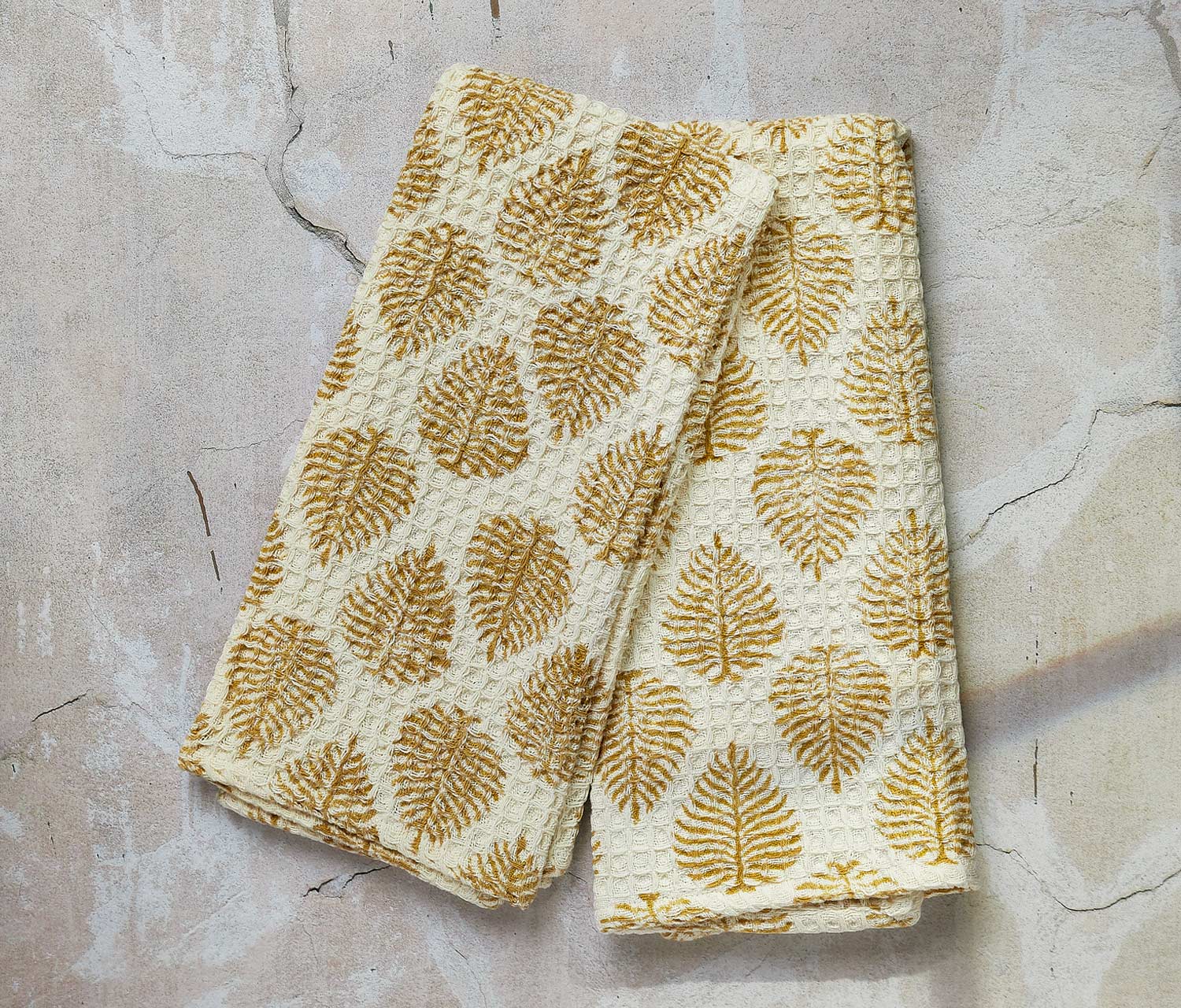 Arbor Block Print ed Ochre & Ivory Waffle Dishtowel Set