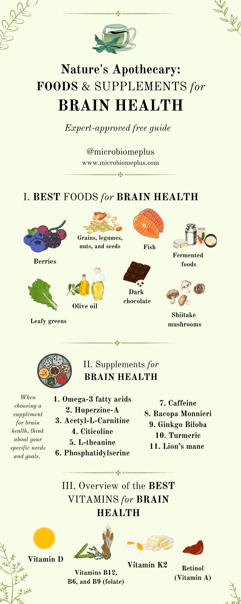 Foods and Supplements for Brain Health Infographic