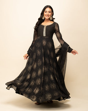 Printed Diwali Georgette Gown Dress in Black - GW0365