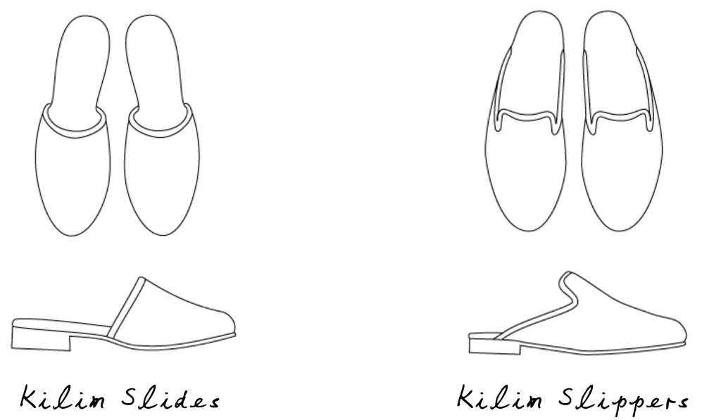 line drawings of kilim slippers and kilim slides