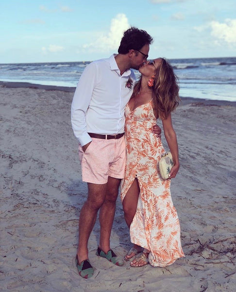Marlaina and Nick kissing on the beach during their honeymoon, nick is wearing mens kilim loafers