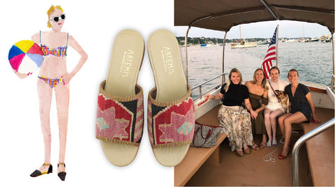 Milicent with family on boat in Edgartown Harbor in womens kilim sandals next to illustration of girl in bathing suit holding a beach ball in raffia loafers. 