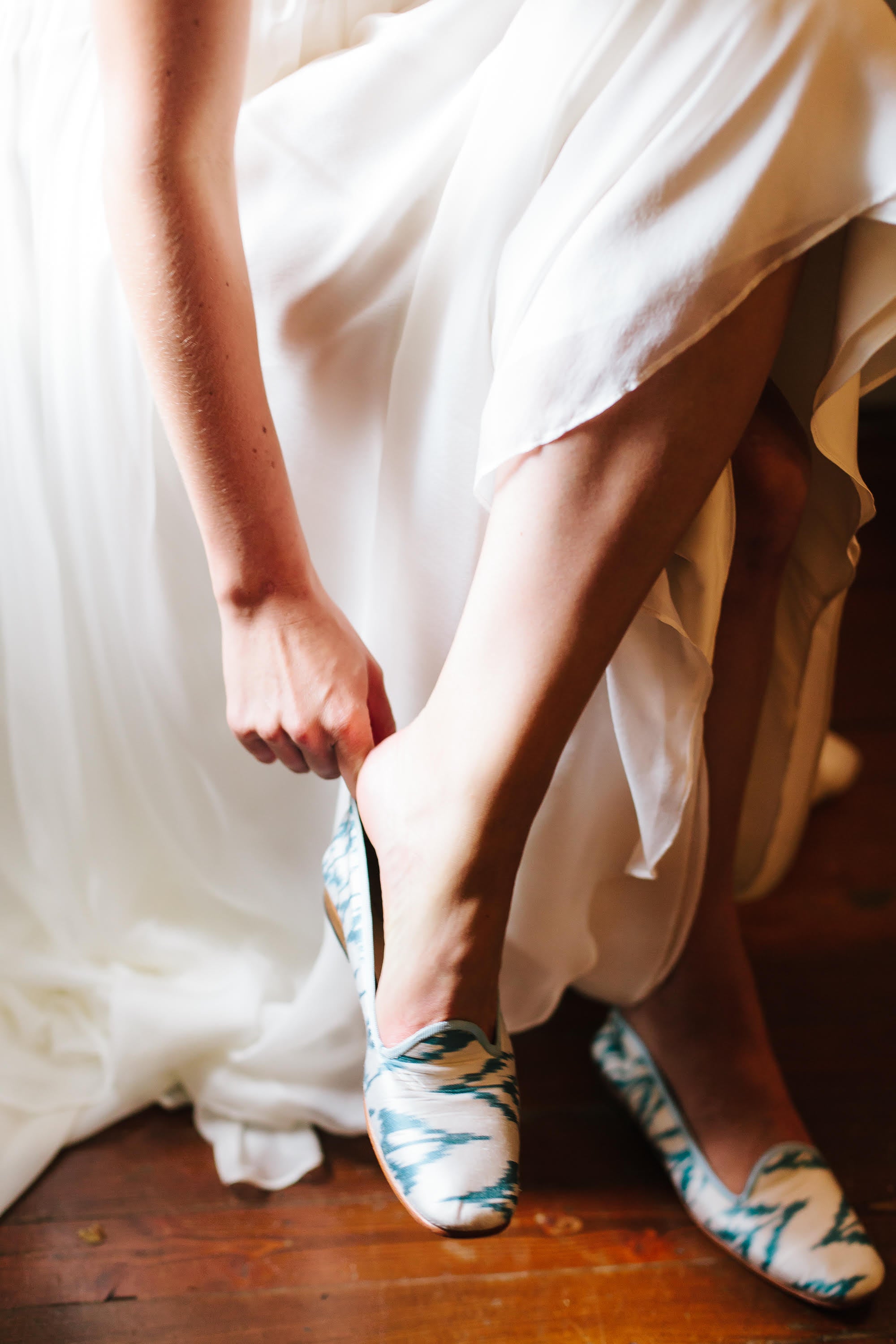 Riley Sheehey getting ready for her wedding day in our silk loafers