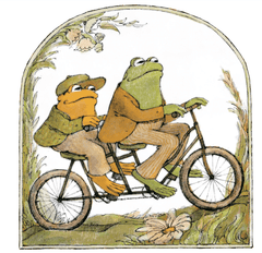 Illustration from the children's book 'Frog and Toad are Friends', showing a frog and toad on a tandem bicycle.