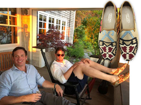 brian and chris in mens kilim smoking shoes lounging on a porch. 