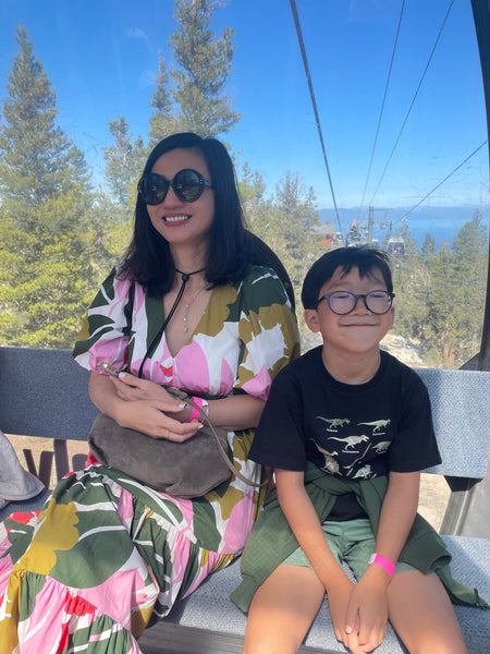 ying, the kyte baby CEO, and her son on the heavenly mountain gondola in lake tahoe