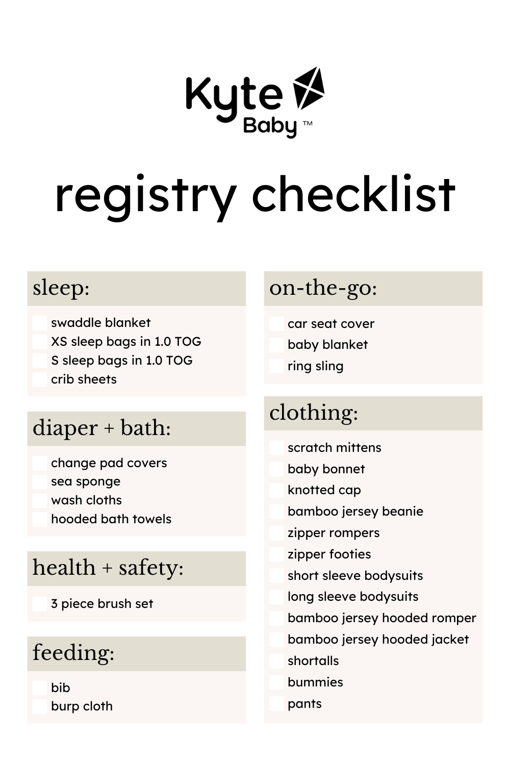 Kyte Baby Registry Checklist